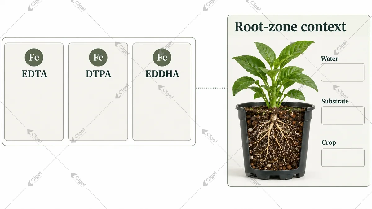 Conceptual iron ligand cards linked to separate root-zone condition evidence