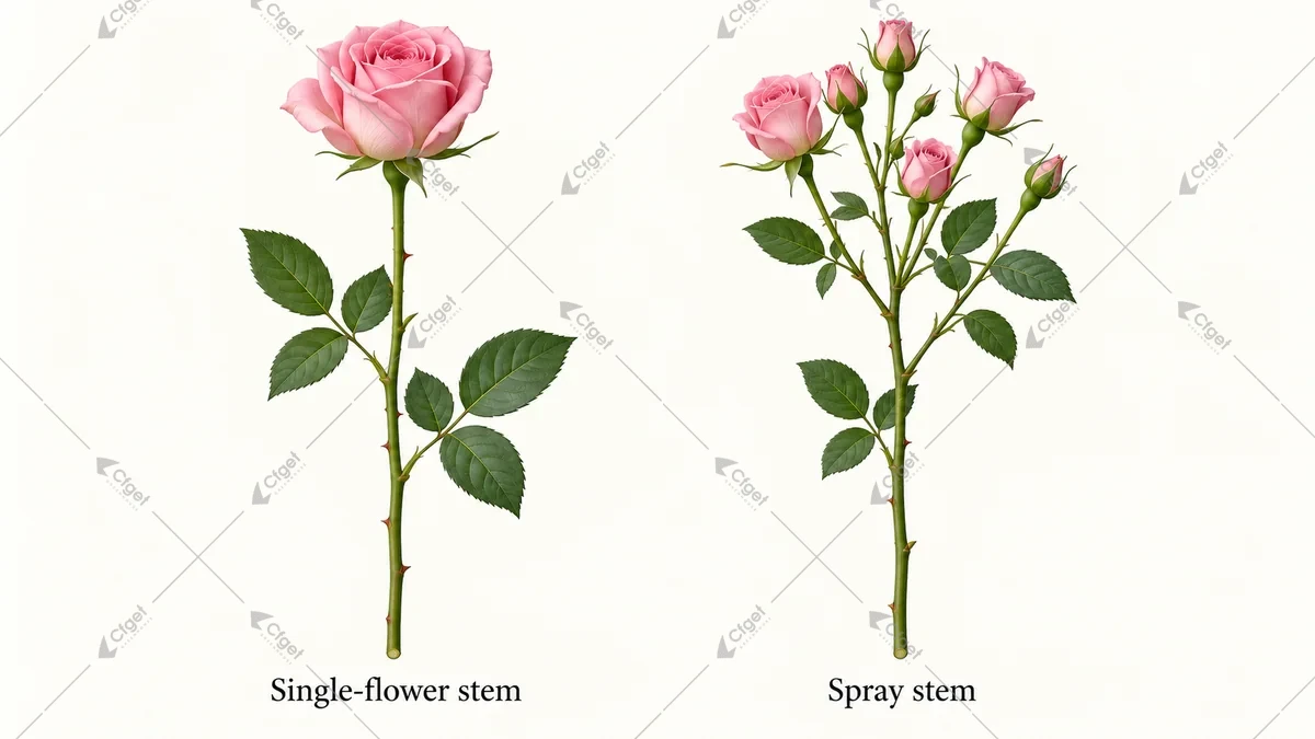 Conceptual single-flower and spray roses with one main stem each