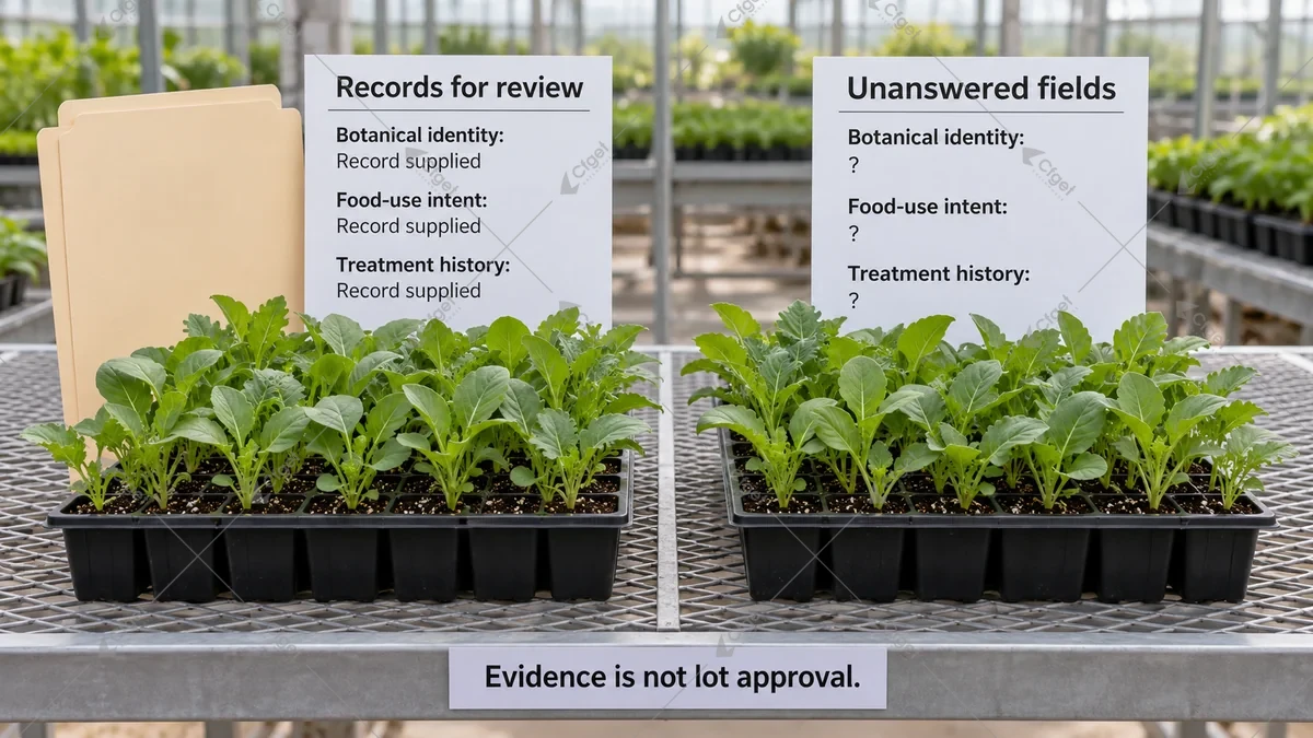 Conceptual planting-stock trays beside documented and unresolved food-use history records